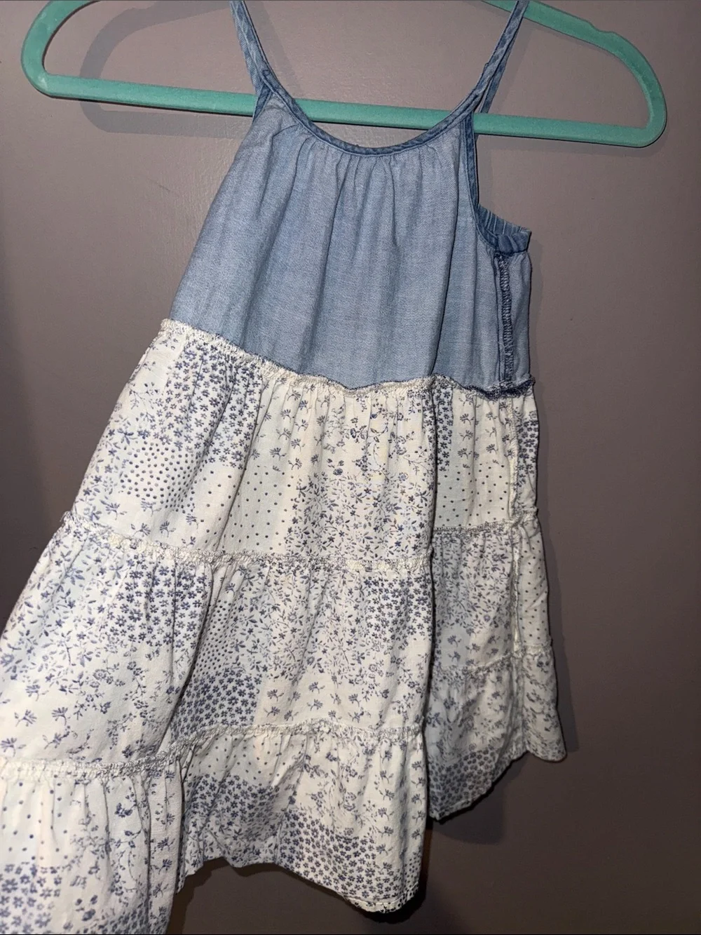 Girls Blue Chambray & White Floral Patchwork Sundress